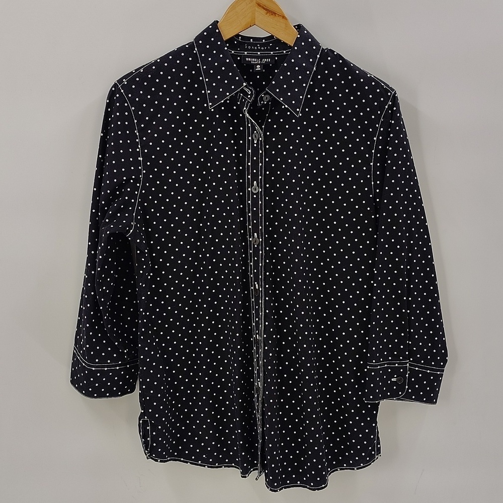 Foxcroft Button Down Top Size 12 Black White Polka Dot 3/4 Sleeve